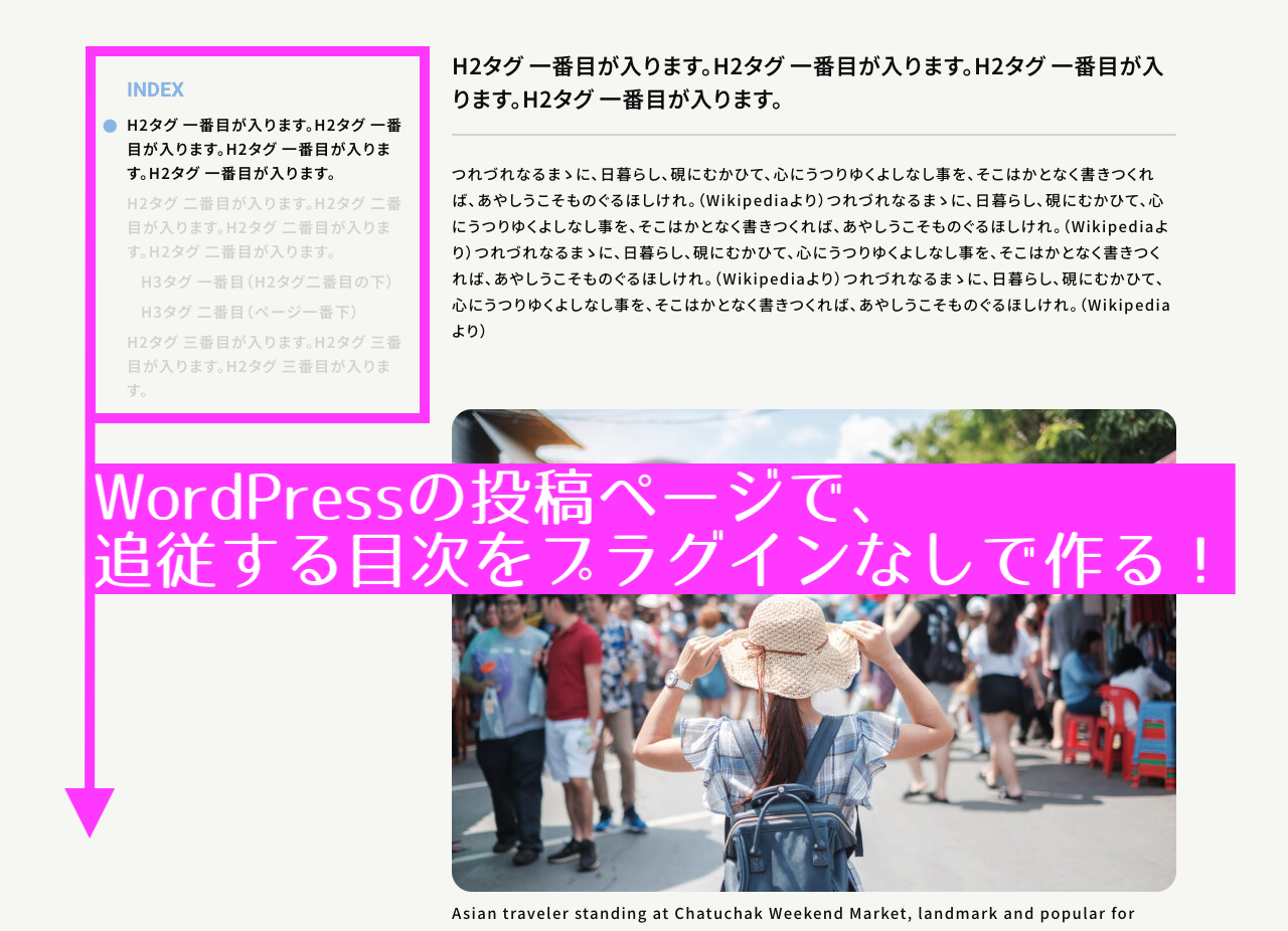 WordPressの投稿ページで、追従する目次をプラグインなしで作る！