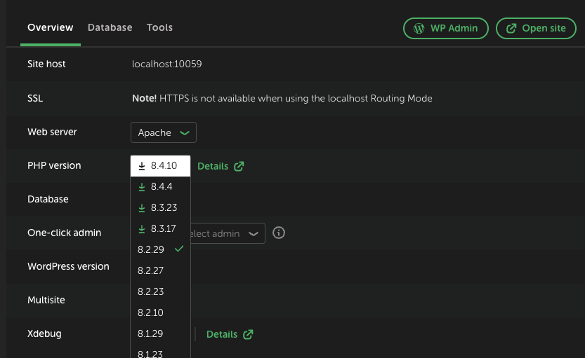 LocalのPHP versionの画面
